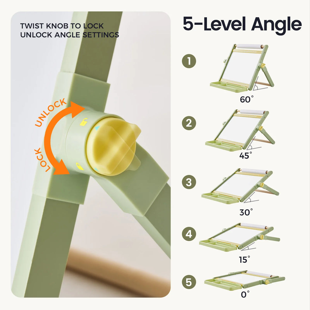 Close-up of a yellow knob on a 3-in-1 Adjustable Tabletop Art Easel hinge with instructions to twist for angle adjustments, alongside a diagram showing the five angle settings ranging from 0 to 60 degrees.