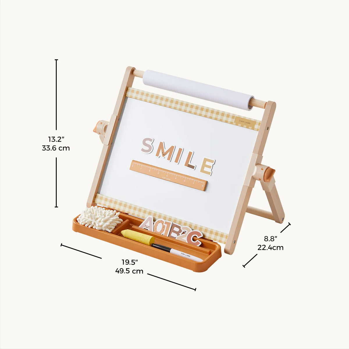 3-in-1 Adjustable Tabletop Art Easel with a paper roll, whiteboard, tray of alphabet letters, ruler, and paintbrush, shown with dimensions of 13.2 inches high, 19.5 inches wide, and 8.8 inches deep.