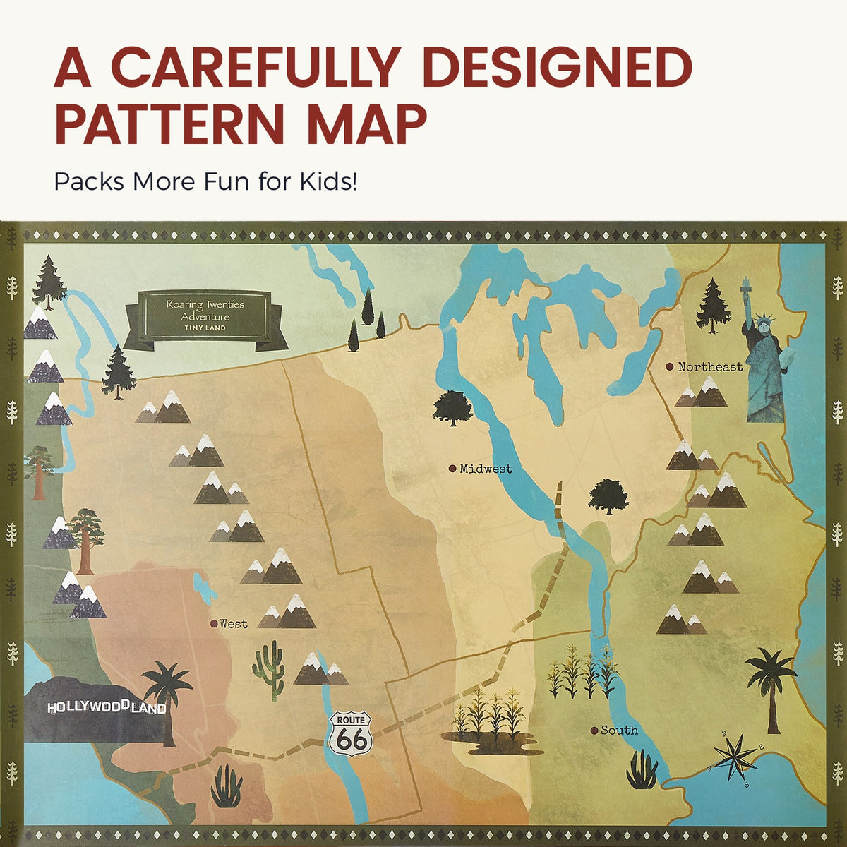 A vintage-style illustrated map on a 1920s Railway Wooden Train Table with Sounds, featuring icons like the Statue of Liberty, mountains, a cactus, and a Route 66 sign, with text reading A CAREFULLY DESIGNED PATTERN MAP at the top.
