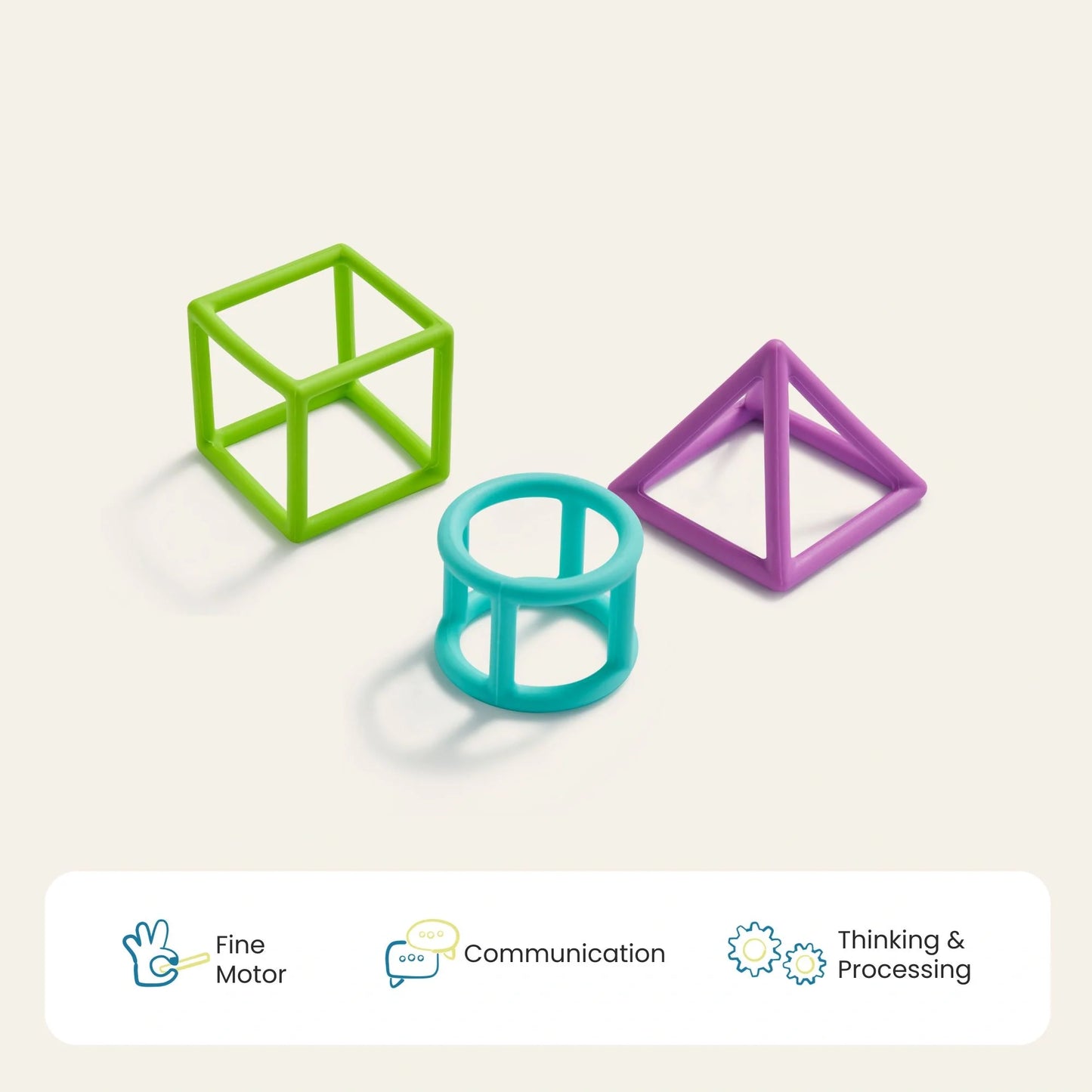 Three colorful shapes—a green cube, a purple pyramid, and a blue cylinder—sit above icons for fine motor skills, communication, and thinking. Tiny Land® Montessori Toys for Newborns (4–6 Months) is the perfect sensory play set for babies.