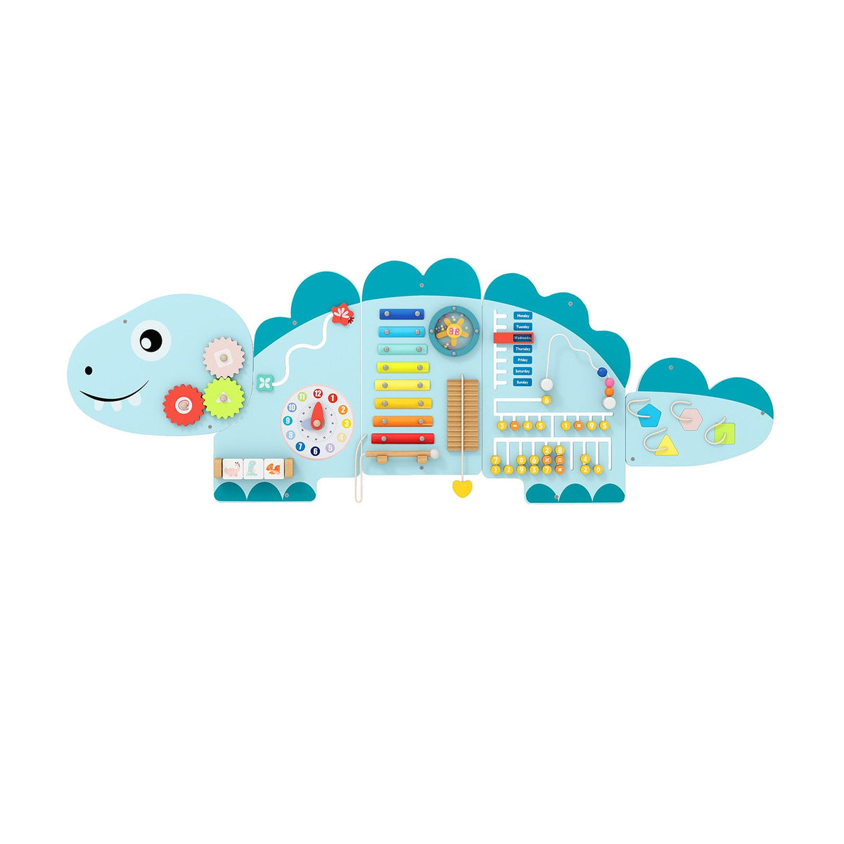 The 11-in-1 Dinosaur Wall Busy Board is a wall-mounted activity center featuring a xylophone, clock, spinning gears, sliders, and shape sorters to help develop fine motor skills.