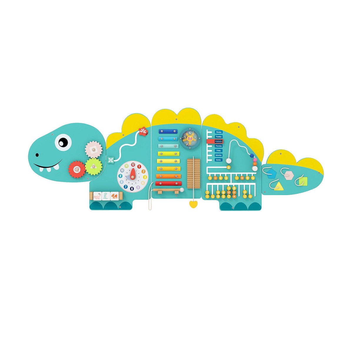 The 11-in-1 Dinosaur Wall Busy Board features gears, a clock, a xylophone, a sliding day-of-the-week calendar, an abacus, and shape-matching puzzles to help develop fine motor skills.