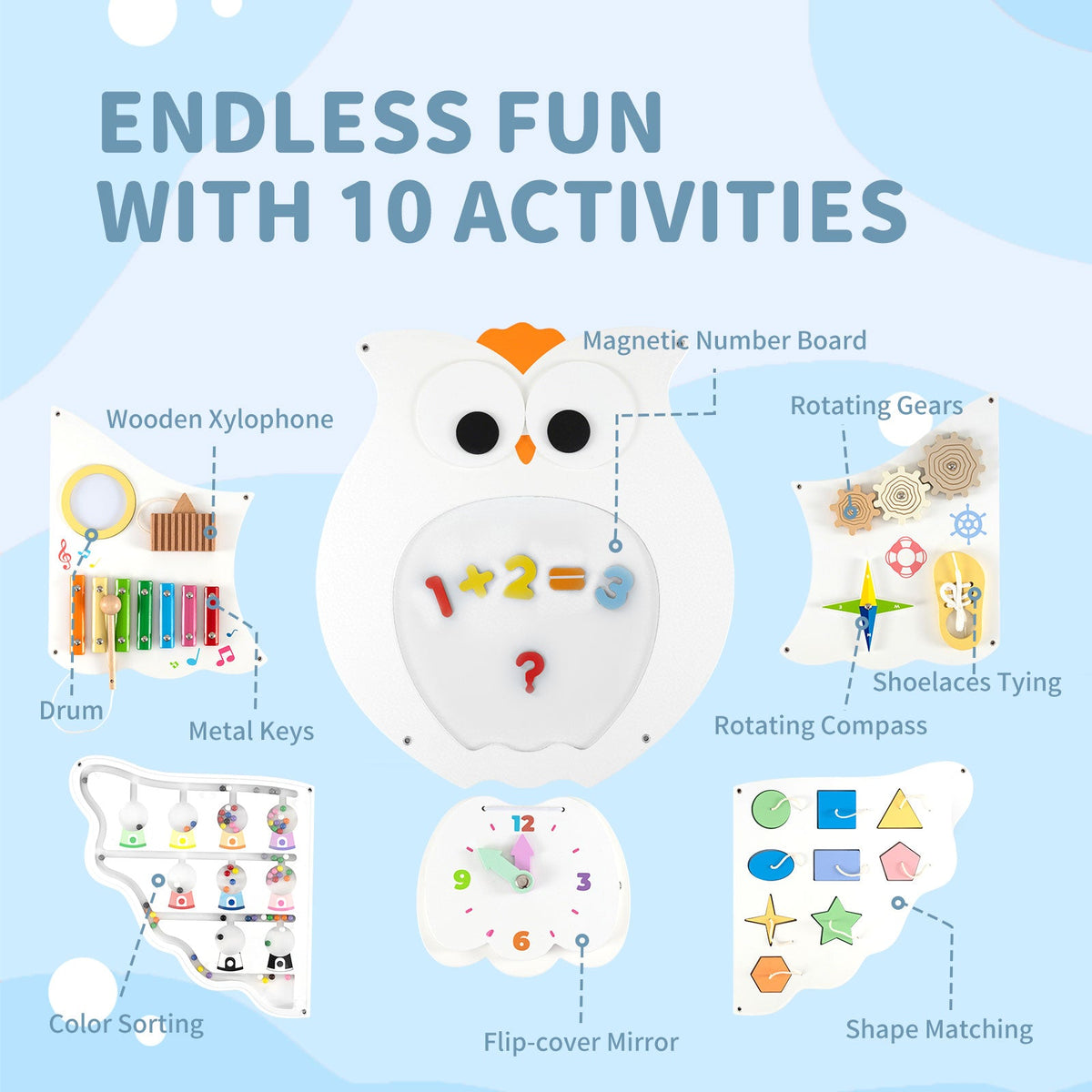 11-in-1 Owl Wall Busy Board with Magnetic Math featuring eleven interactive elements, including a magnetic math board, wooden xylophone, rotating gears, clock, shape sorter, shoelace tying activity, and color sorting maze.