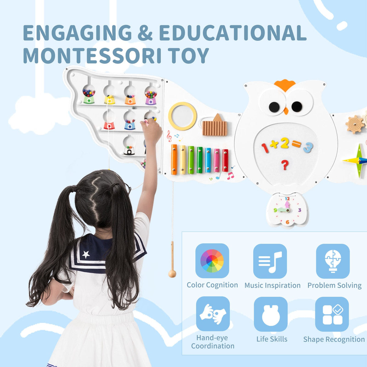 A child plays with an 11-in-1 Owl Wall Busy Board with Magnetic Math that features a magnetic math section, a xylophone, and a clock.