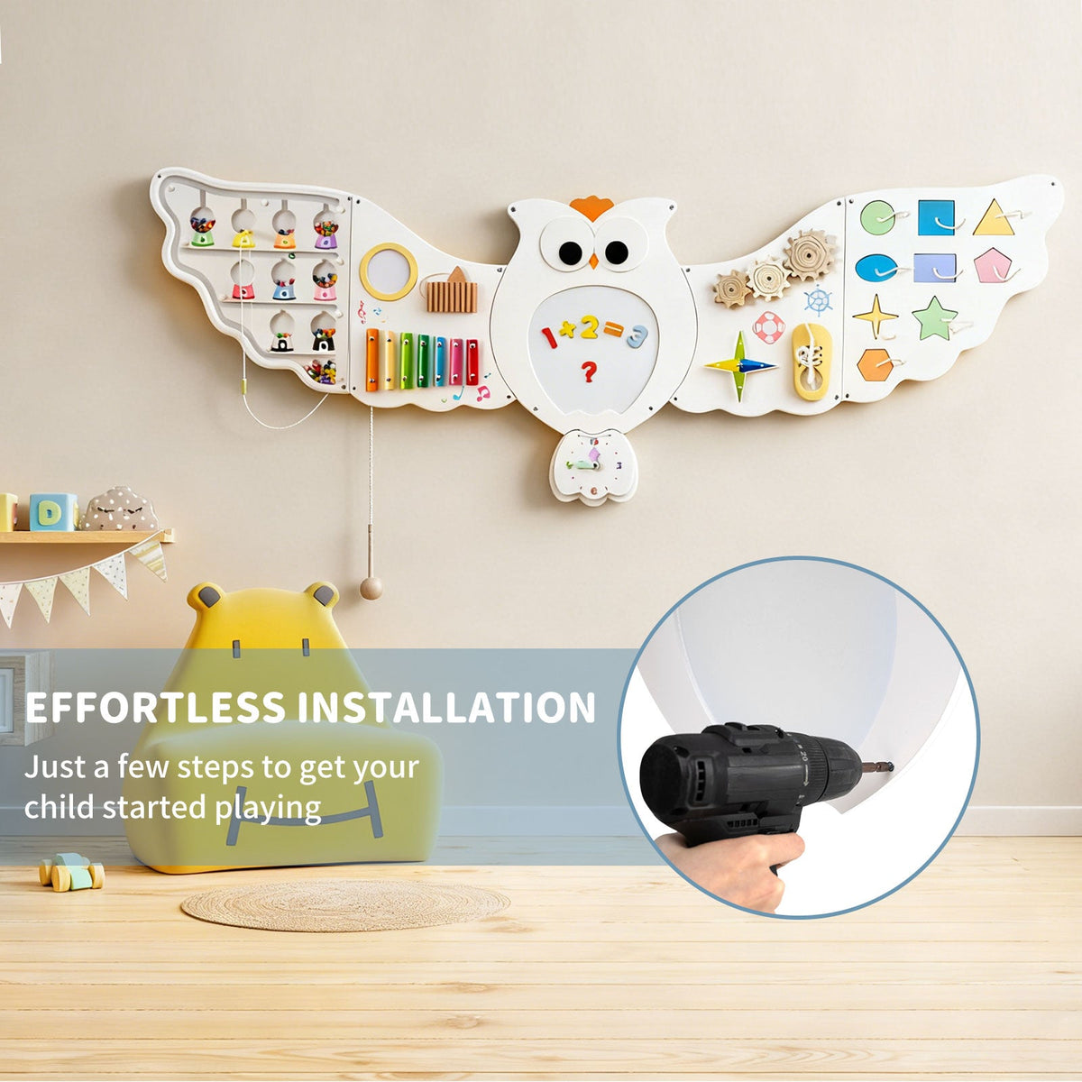 11-in-1 Owl Wall Busy Board with Magnetic Math featuring colorful sensory activities including a xylophone, gears, and shapes, with an inset showing a hand using a power drill to install the wall-mounted piece.