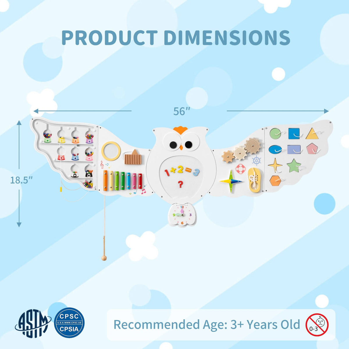 The 11-in-1 Owl Wall Busy Board with Magnetic Math is a 56-inch wide by 18.5-inch high owl-themed wall board for children, featuring sensory activities, gears, a clock, and a magnetic math board.