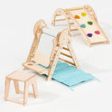 The 4in1 Montessori Climbing Set for toddlers (ages 1–3) includes a beige Pikler triangle, arch, slide board, and cushion—perfect as an indoor playset to encourage climbing and creativity, all arranged on a white background.