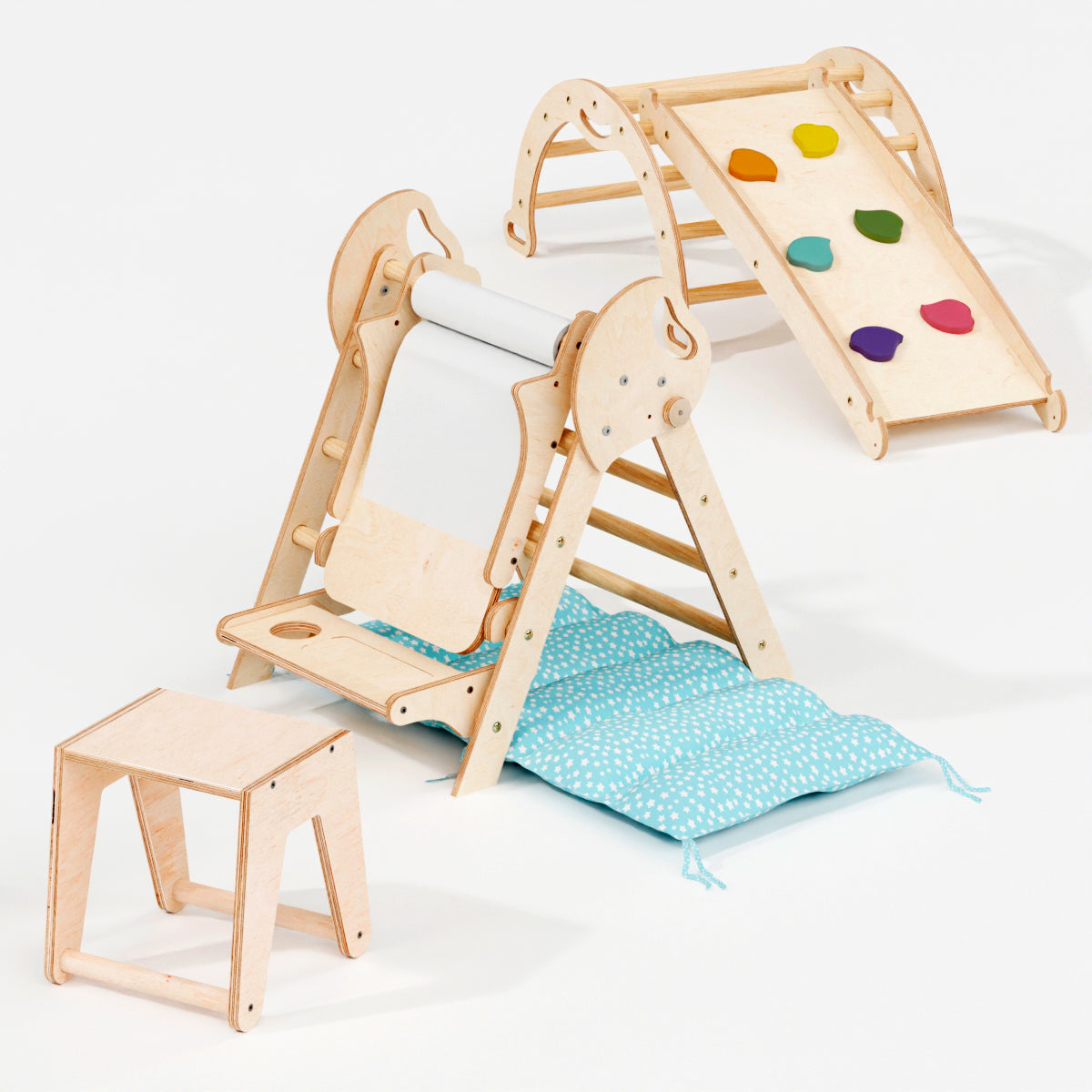 The 4in1 Montessori Climbing Set for toddlers (ages 1–3) includes a beige Pikler triangle, arch, slide board, and cushion—perfect as an indoor playset to encourage climbing and creativity, all arranged on a white background.