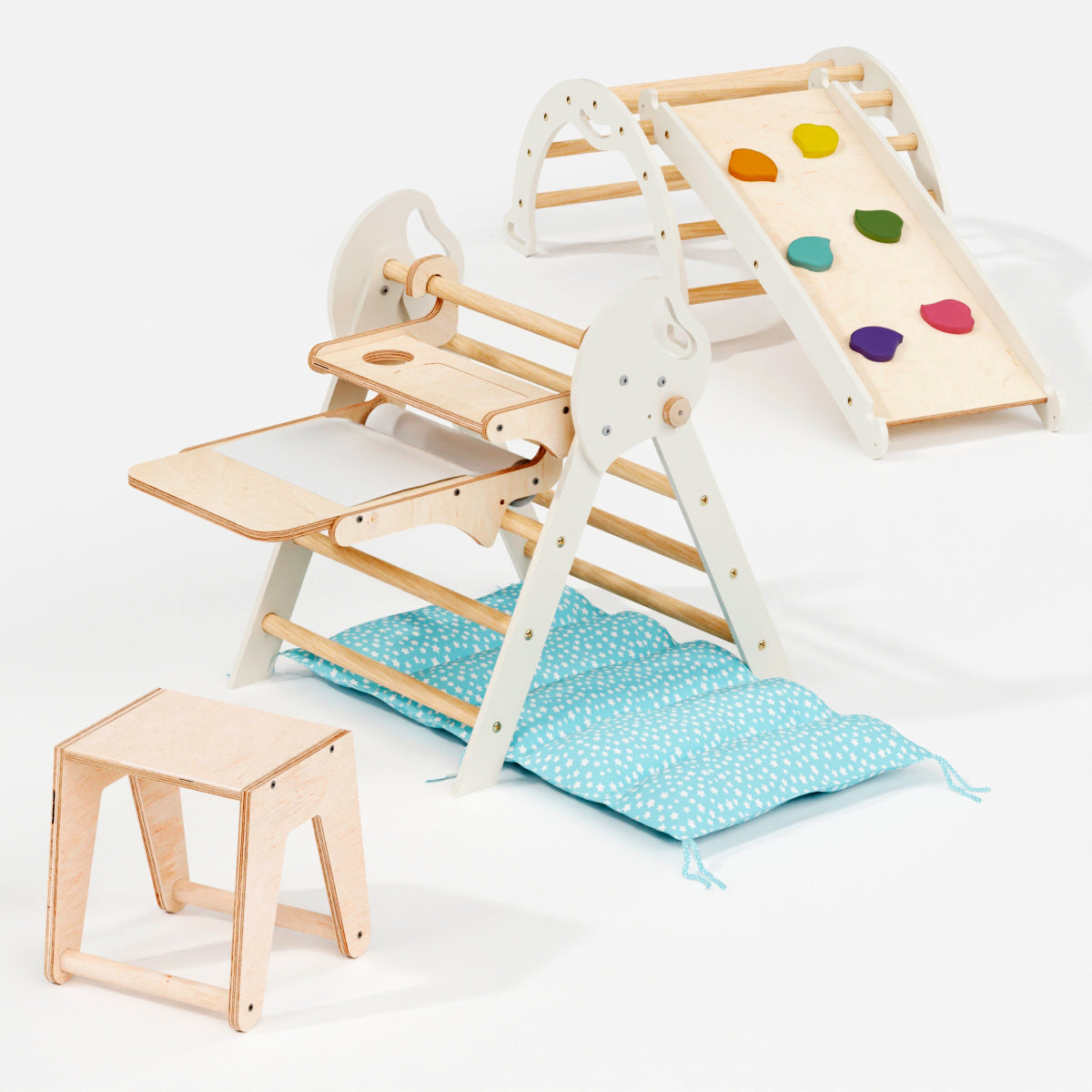 The 4in1 Montessori Climbing Set in Ivory, designed for toddlers (1–3 years), includes a Pikler triangle, arch, slide board, and cushion. This stylish playset is beautifully displayed against a white background.