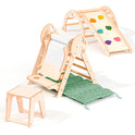 The 4in1 Montessori Climbing Set for toddlers (1–3 years) in beige includes a Pikler triangle, arch, slide board, and cushion—perfect for creative and active indoor play.