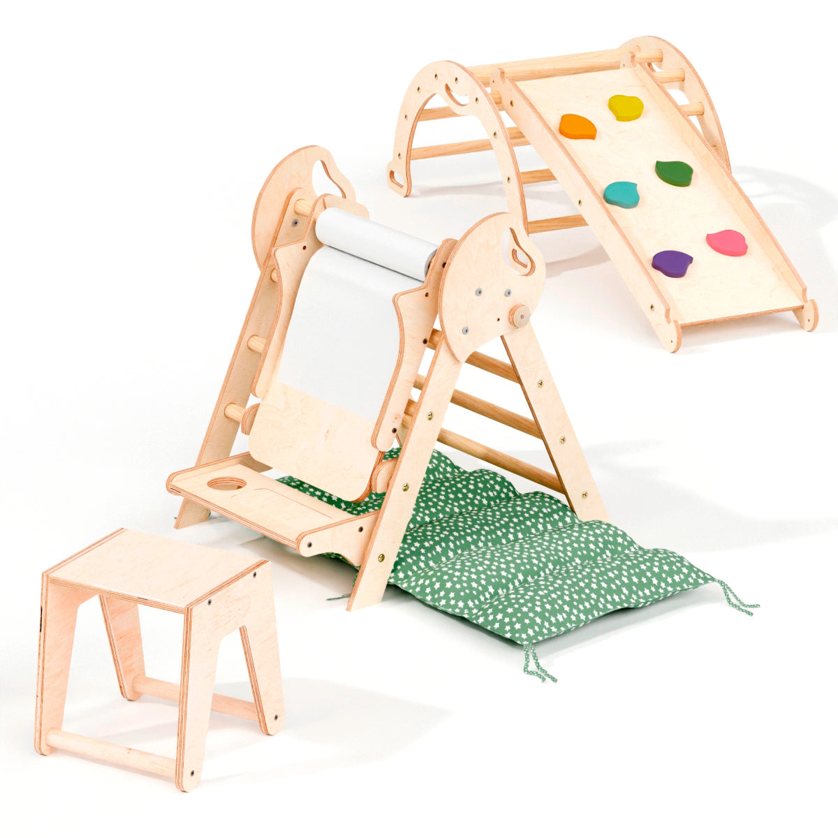 The 4in1 Montessori Climbing Set for toddlers (1–3 years) in beige includes a Pikler triangle, arch, slide board, and cushion—perfect for creative and active indoor play.