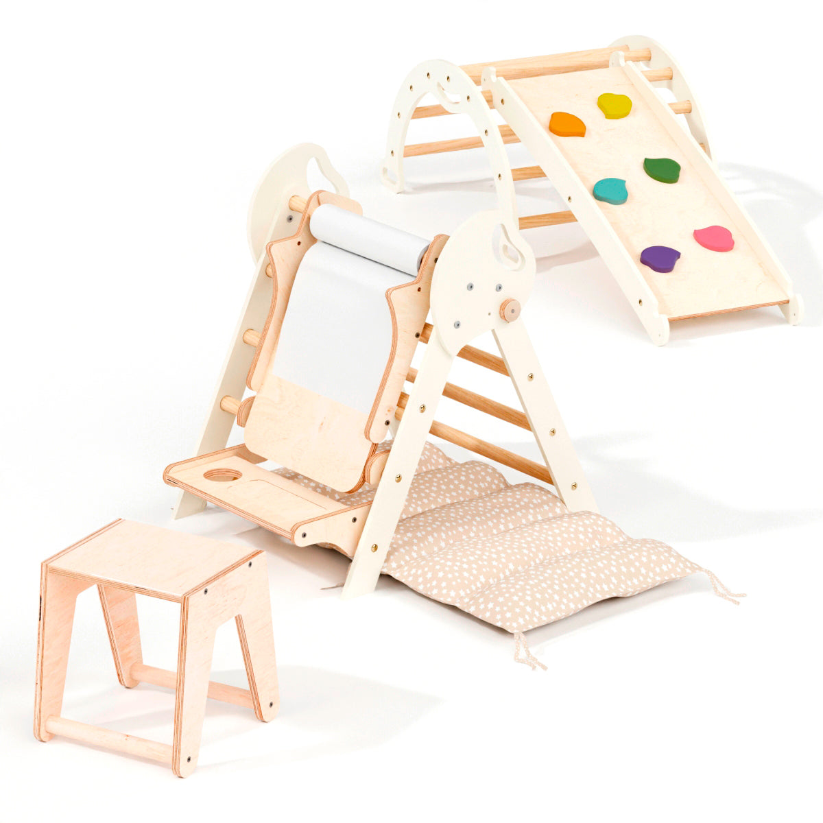 The 4in1 Montessori Climbing Set in Ivory for toddlers (1–3 years) includes a Pikler triangle, arch, slide board, and cushion—perfect for safe climbing and active play.