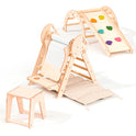 The 4in1 Montessori Climbing Set for toddlers (1–3 yrs) includes a beige Pikler triangle, arch, slide board, and cushion—all in light natural wood—ideal for indoor play, climbing, and creativity.