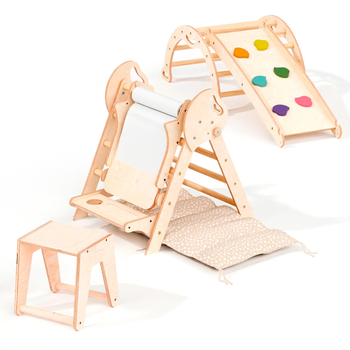 The 4in1 Montessori Climbing Set for toddlers (1–3 yrs) includes a beige Pikler triangle, arch, slide board, and cushion—all in light natural wood—ideal for indoor play, climbing, and creativity.