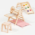 Beige 4in1 Montessori Climbing Set for toddlers (1–3 years), featuring a Pikler triangle, arch, slide board, and cushion—perfect play furniture displayed on a white background.
