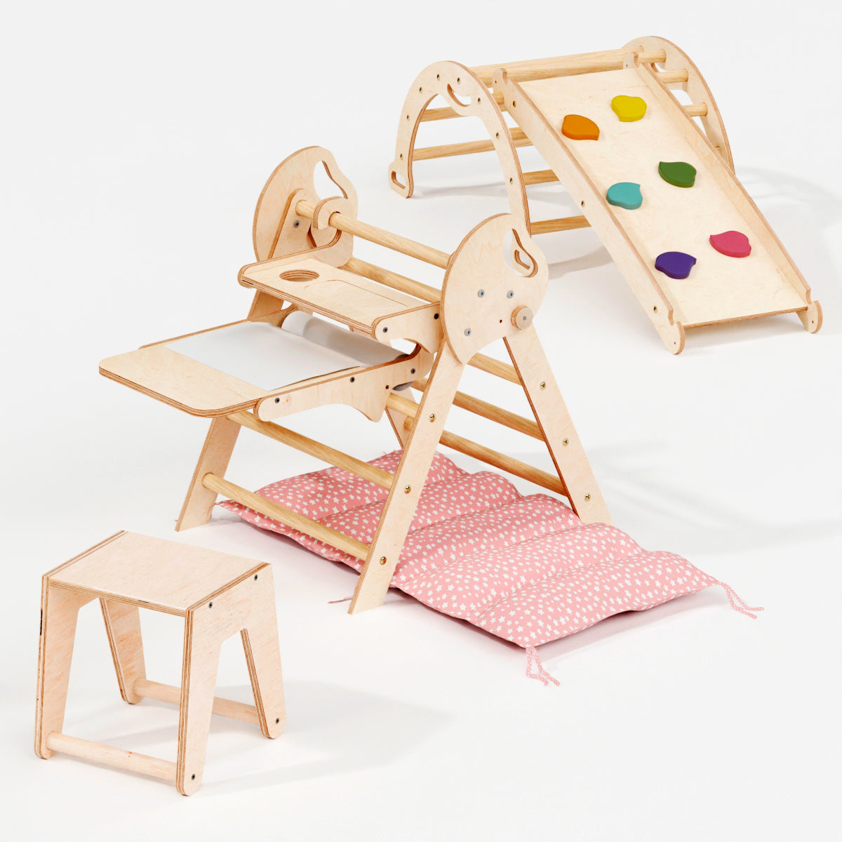 Beige 4in1 Montessori Climbing Set for toddlers (1–3 years), featuring a Pikler triangle, arch, slide board, and cushion—perfect play furniture displayed on a white background.