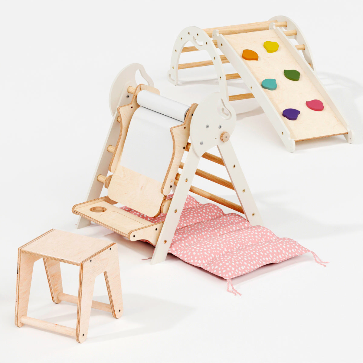 The 4in1 Montessori Climbing Set for toddlers (1–3 years) includes an ivory Pikler triangle, arch, slide board, and cushion, displayed on a white background.