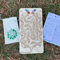 The Oort Cloud – Wooden Marble Run Puzzle, featuring a handmade board with marble tracks and hexagonal tiles, a small cloth bag of marbles, and an instruction sheet, all set on a grass lawn.