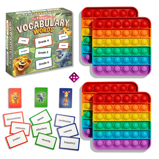 The Vocabulary Game (Tier 2 Words) includes a board game box, two rainbow-colored bubble-popping sensory toys, a die, and cards featuring animal illustrations and Tier 2 vocabulary for reading comprehension.