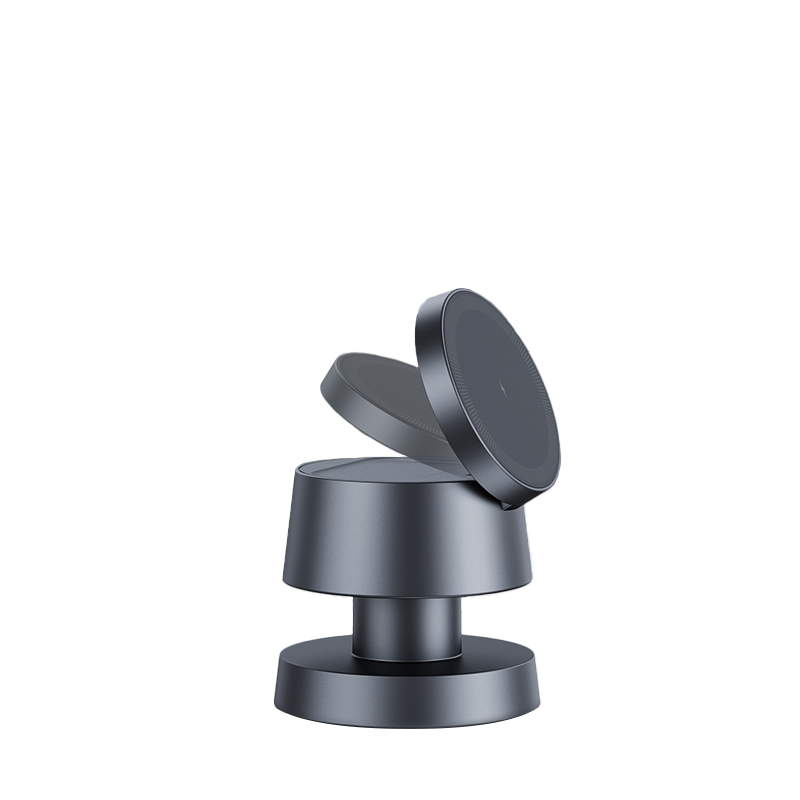 A sleek, metallic 4-in-1 Wireless Charging Station with a cylindrical design and angled circular top sits against a plain white background. Its modern, minimalistic look is ideal for charging Apple devices.