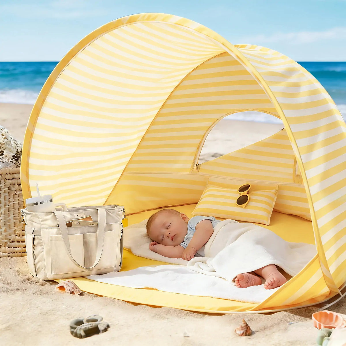 A baby sleeps on a blanket inside a yellow and white striped Kids Beach Tent & Sand Toy Set.