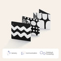Tiny Land® Montessori Toys for Newborns (0–3 Months): A black-and-white fold-out sensory board with bold zigzag, dot, and geometric patterns to support sensory, communication, and thinking & processing skills—ideal for newborn development.