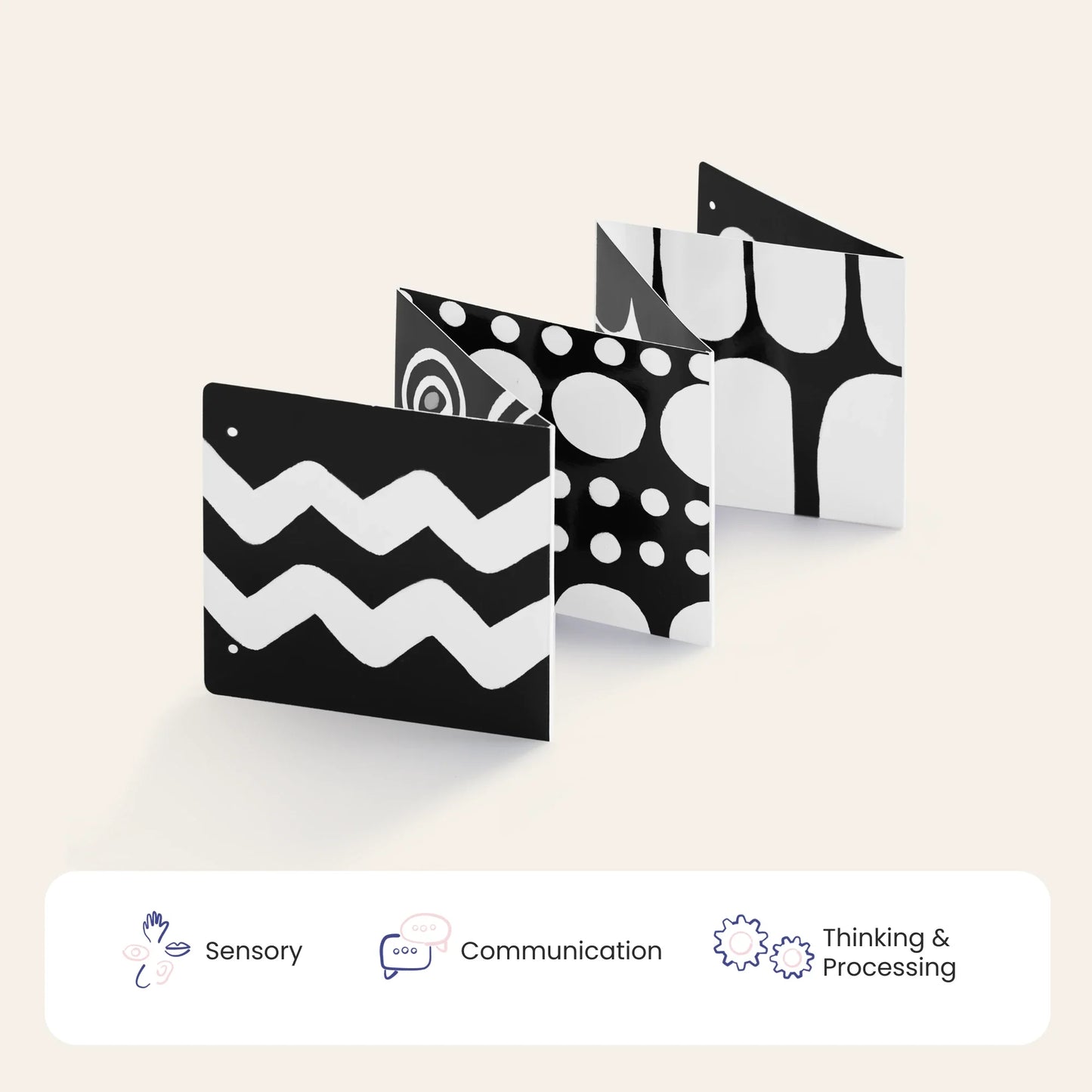 Tiny Land® Montessori Toys for Newborns (0–3 Months): A black-and-white fold-out sensory board with bold zigzag, dot, and geometric patterns to support sensory, communication, and thinking & processing skills—ideal for newborn development.