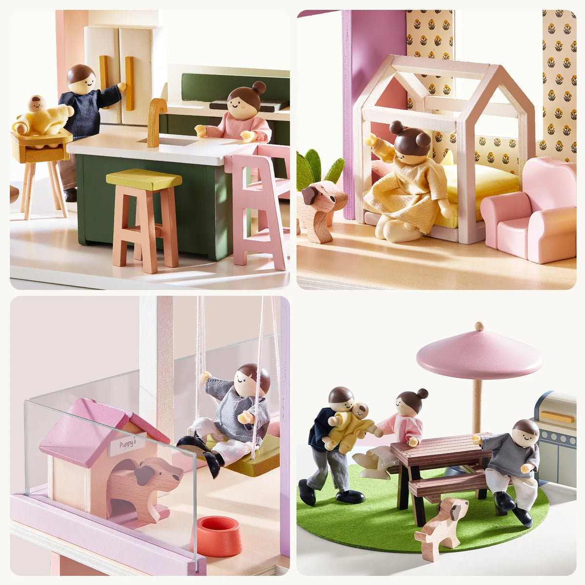 Four panels showing a 1:12 scale Sweetwood Cottage Dollhouse (48-pc Furniture) with doll family figures, furniture, and pet accessories.