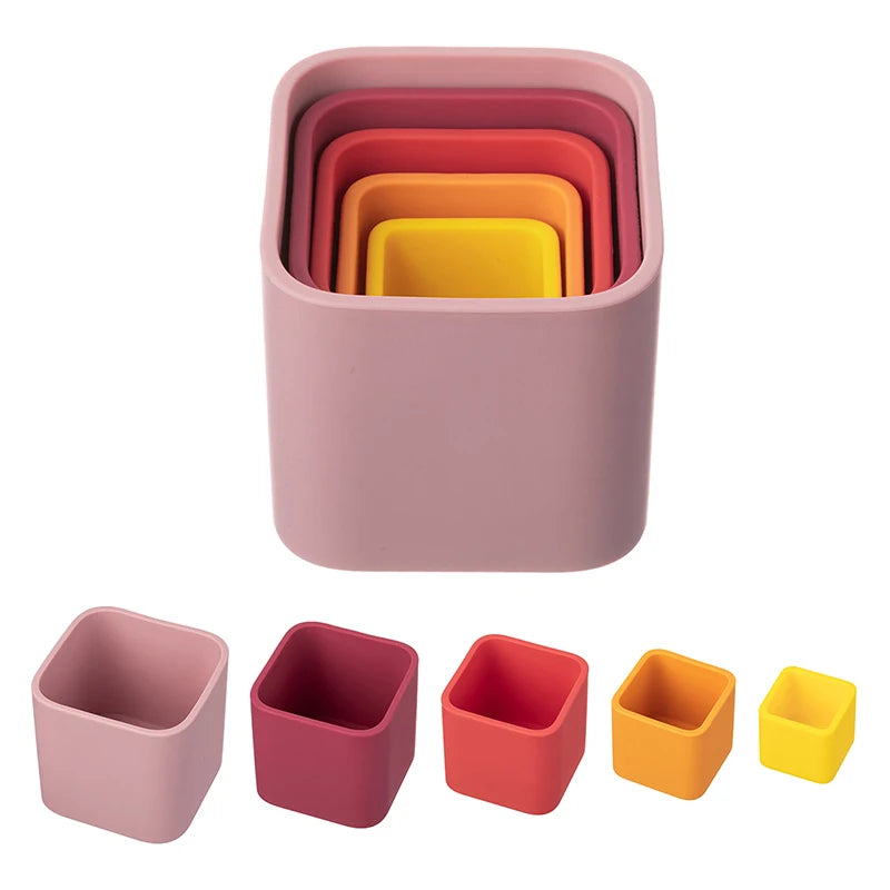 5Pcs/Set Baby Silicone Building Blocks Square Silicone Stacking Cups Bpa-Free Educational Montessori Toys Baby Bath Toys