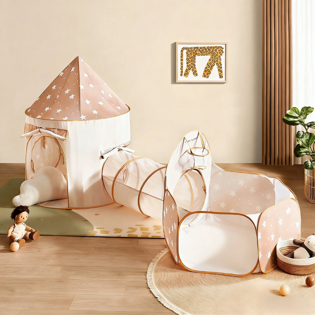 Brown, star-patterned 3-in-1 Play Tunnel, Tent & Ball Pit with a tunnel connecting a tent to a hexagonal ball pit.