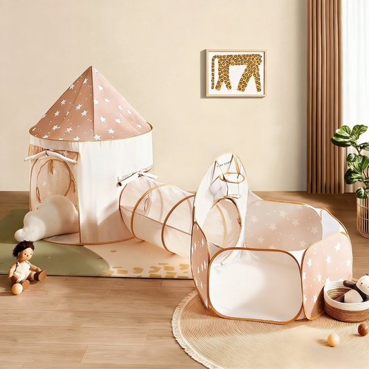 Brown, star-patterned 3-in-1 Play Tunnel, Tent & Ball Pit with a tunnel connecting a tent to a hexagonal ball pit.