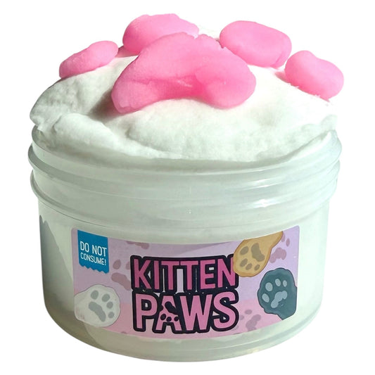 Kitten Paws Cloud Cream Slime with Icee Slime (7 oz) features pink cat paw sprinkles, paw print label, and a "Do Not Consume" warning. Enjoy its sweet Cotton Candy Jelly Bean scent!.