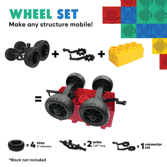 The Biggo Blocks - 1 Wheel Car Kit (No Blocks Included) features four black tires, two axles, and a connector set to attach wheels to your blocks, turning them mobile. Perfect STEM building toy accessory!.