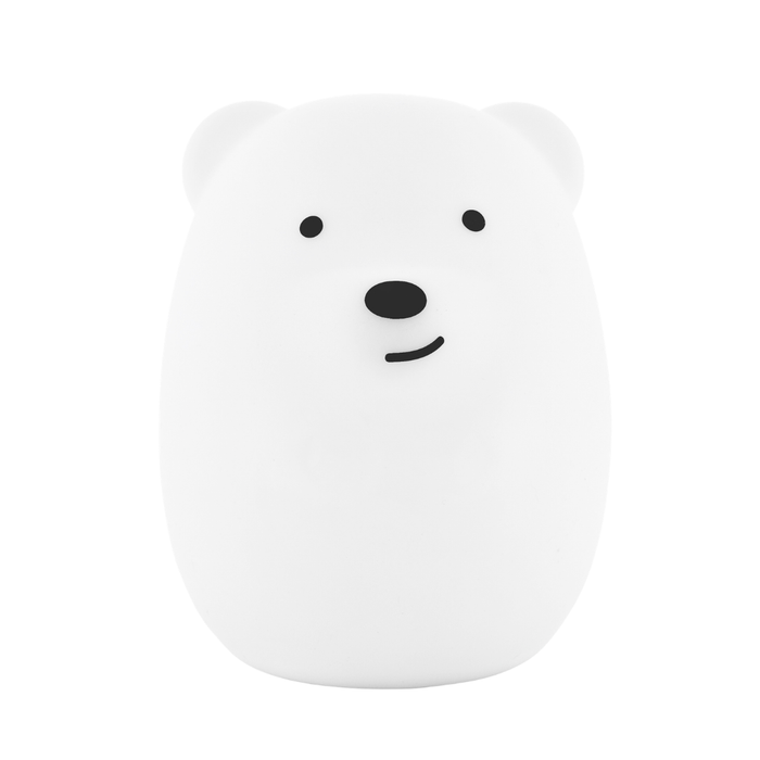 Bella the Bear Mini Night Light, a white, egg-shaped silicone bear with simple black eyes, a nose, and a small smile.