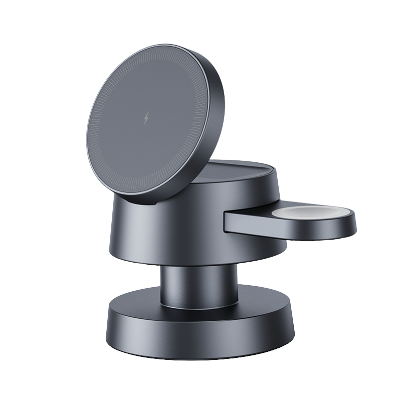 The Hexcal 4-in-1 Wireless Charging Station features three circular charging surfaces, a metallic gray finish, and a minimalist design—perfect for holding and charging multiple Apple devices at once.