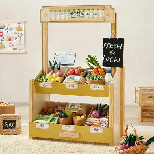 Wooden two-tiered 2-in-1 Kids Grocery Store & Coffee Shop playset with toy produce, a chalkboard sign reading FRESH & LOCAL, and price labels for various items.