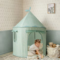 A young child plays with toys inside a light green, flower-patterned Starry Indoor Play Tent for Toddlers.