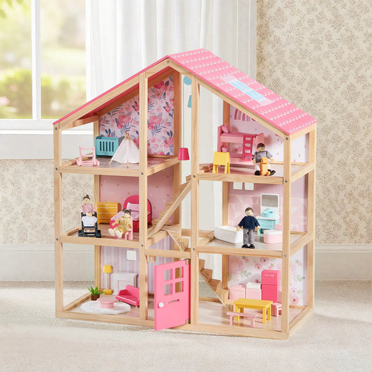 A Sweetwood Love Dollhouse with a pink roof, three stories, miniature furniture, and a wooden doll family.