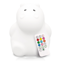 Honey the Hippo Silicone Night Light, a white hippo-shaped soothing sleep aid with a remote control featuring color and setting buttons.