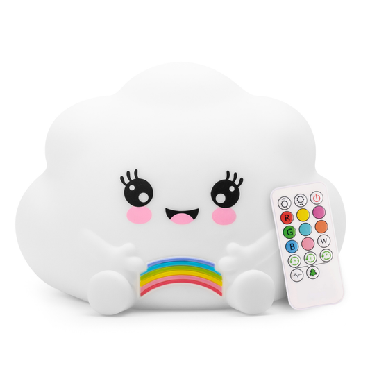 A Kawaii Cloud Silicone Night Light with a smiling face and a small rainbow, pictured next to a remote control with colored buttons.