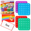 Word Pop! CVC Reading Fidget Game featuring two square silicone bubble-pop boards with alphabet letters, a stack of rainbow-patterned cards, and a game box for blending letter sounds to teach reading CVC words.