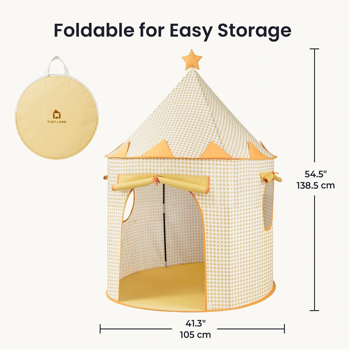 Starry Indoor Play Tent for Toddlers in a beige and white checkered pattern with orange accents, shown with its circular carrying case and annotated with height and width dimensions.