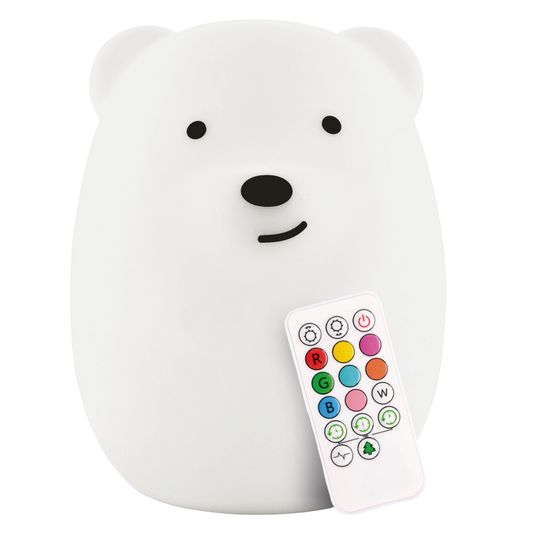 Benny the Bear Silicone Night Light, a white bear-shaped light with a small remote control featuring colorful buttons, perfect as a rechargeable night light for children.
