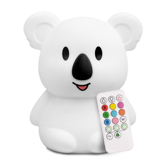 Keith the Koala silicone night light, white and shaped like a koala, with a small remote control featuring colorful buttons.