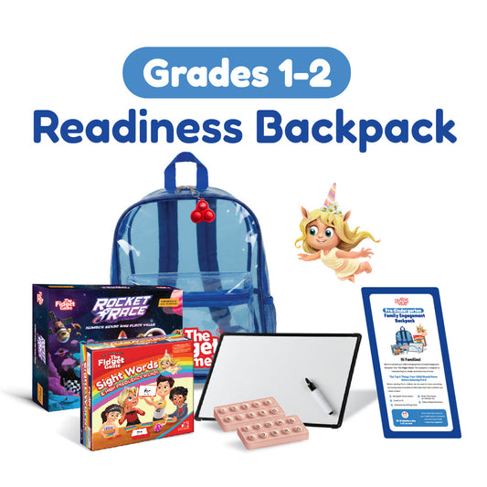 A Grades 1–2 Readiness Backpack in blue, surrounded by math-focused educational board games, a tablet, a small whiteboard with a marker, a pink number-tracking tool, and a cartoon unicorn figurine.