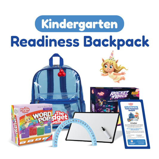 A clear blue Kindergarten Readiness Backpack surrounded by learning games, a number game box, a white board with a marker, a letter-shaped track, a unicorn figure, and an informational flyer.