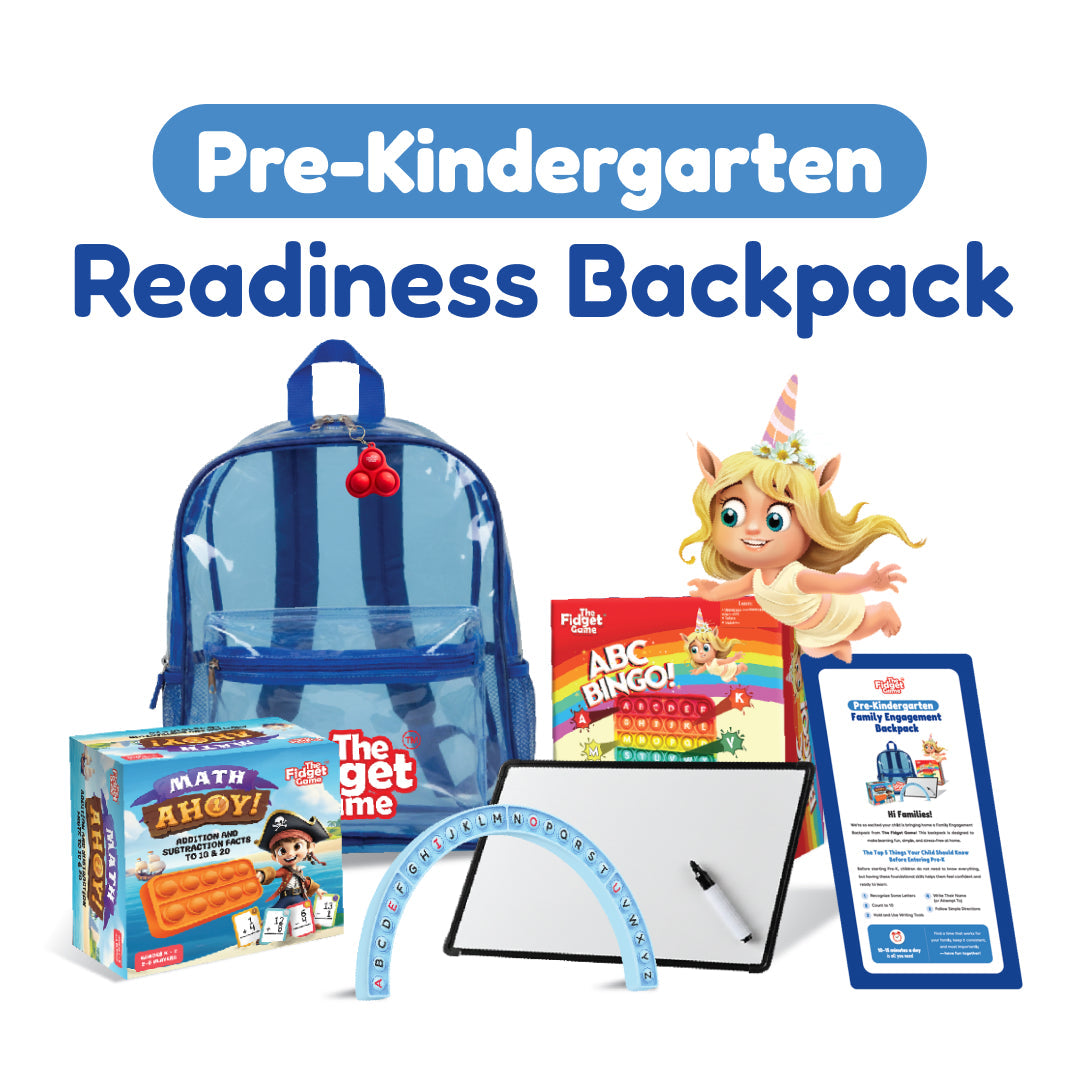 Pre-K Readiness Backpack featuring a math game box, an ABC bingo game, an alphabet arc, a whiteboard with a marker, and an informational flyer for learning games.