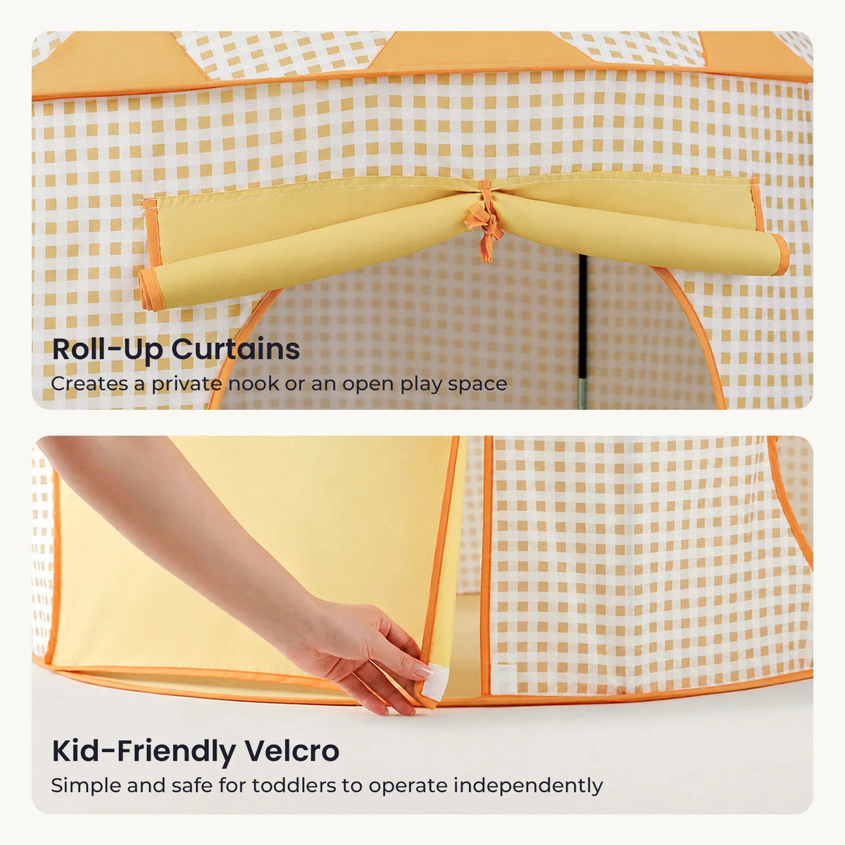 Two images of a tan and white checkered Starry Indoor Play Tent for Toddlers showing roll-up curtains and a hand fastening the velcro entrance flap.