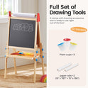The Tiny Land® 3-in-1 Art Easel for Kids features a double-sided chalkboard displaying ABCDE, includes three paint cups and two drawing paper rolls, and comes as a complete set with all tools needed to start creating right away.