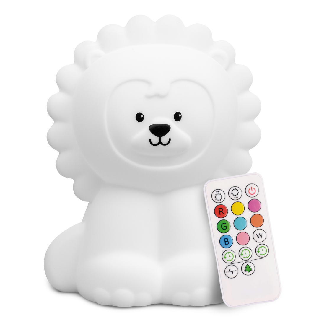 Luther the Lion silicone night light shaped like a white lion with a matching color-changing remote control.